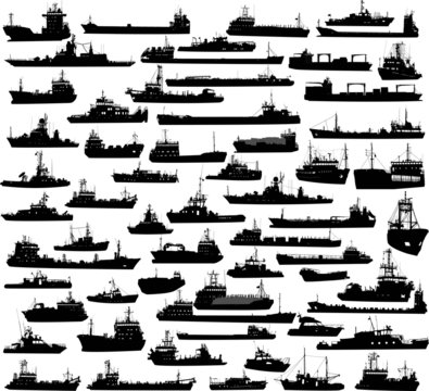 Set of 60 silhouettes of sea yachts, towboat and the ships