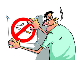 Very serious man with no smoking sign.