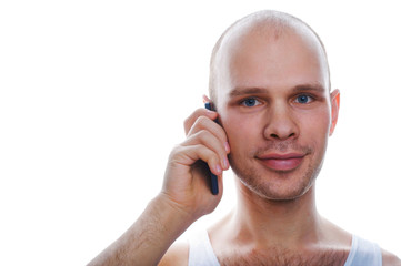 Man talking on the phone on white background