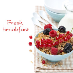homemade granola with fresh berries and jug of milk, isolated