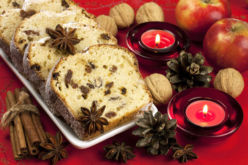 Fototapeta na wymiar Holidays cake with raisins and nuts