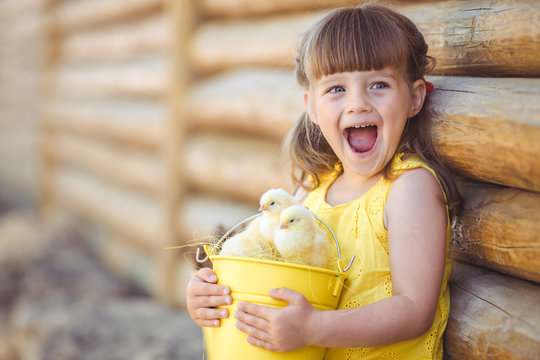 Happy little girl with a basket of small chickens sitting outdoo