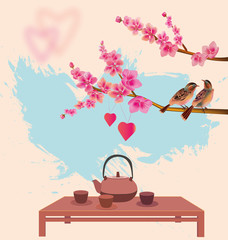 Love birds, sakura, spring, Valentine's Day.Tea ceremony