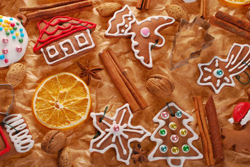 christmas background with gingerbread cookies  and spices on old