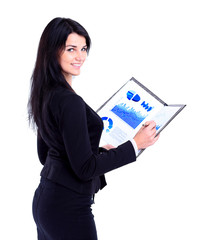 business woman holding document on clipboard