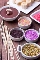 banana with melted chocolate, fondue with banana