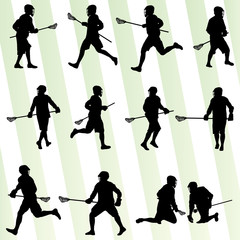 Lacrosse player in action vector background set