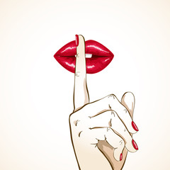 Obraz premium Illustration of woman lips with finger in shh sign