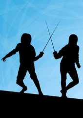 Sword fighters active young men fencing sport silhouettes vector