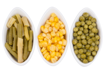 three cups of corn, green peas and beans