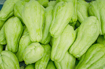 Pile of chayote fruits on the market