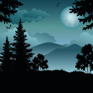 Landscape, trees, moon and mountains
