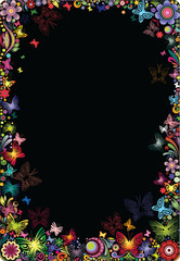 Floral frame with butterflies on a black background.