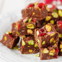 Chocolate Fudge with Glace Cherries, Pistachios and Coconut
