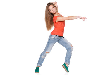 Woman hip hop dancer over white background