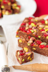 Chocolate Fudge with Glace Cherries, Pistachios and Coconut