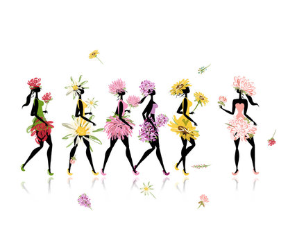 Girls dressed in floral costumes, hen party for your design