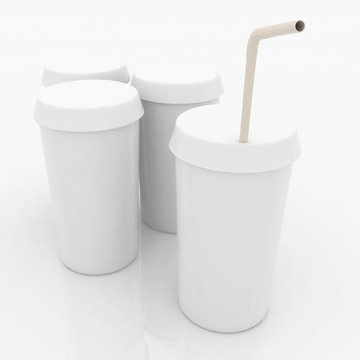 white plastic fast food glasses with tubule on white