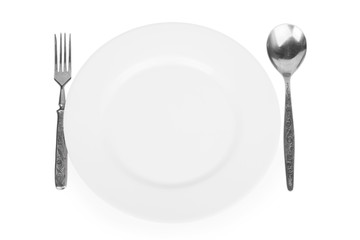 empty white plate, fork and spoon