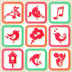 Obraz premium Set of 9 spring icons with birds and flowers. Eps10