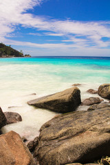 Turquoise exotic lagoon with big stones at Seychelles