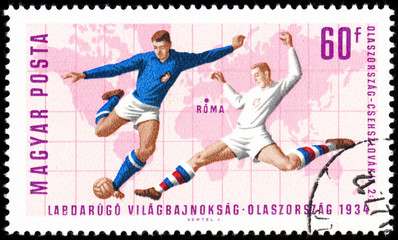 HUNGARY - CIRCA 1966: a stamp printed in Hungary celebrates Socc