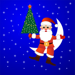 Santa claus sits on a moon with a fir-tree in hands