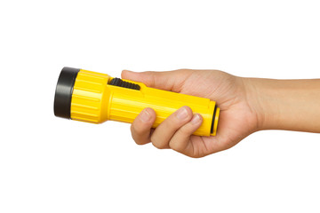 Hand holding yellow flashlight over white background - concepts