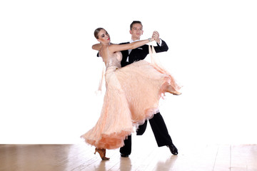 dancers in ballroom against white background