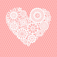 Naklejka premium White lace flowers heart on pink mesh romantic greeting card