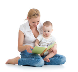 mother reading a book to her baby son