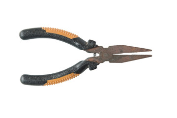 Old pliers yellow tool isolated on a white background.
