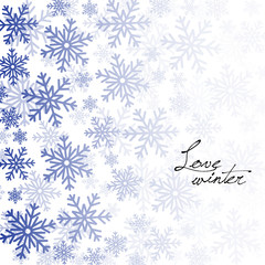 Winter background with blue snowflakes on white