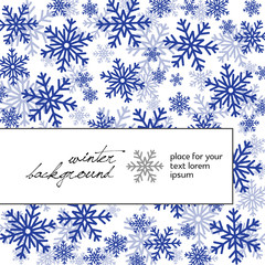 Blue snowflakes on white, place for text