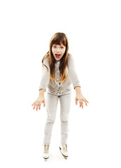 Little girl learning to skate on white background