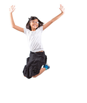 Young Malay Asian Girl Jumping Over White Background