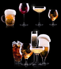 set with different drinks on black background