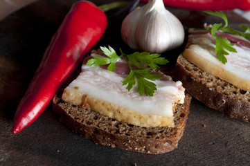 Tasty sandwich with salted lard (salo)