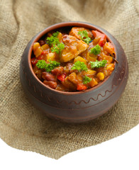Chili Corn Carne - traditional mexican food, in pot,
