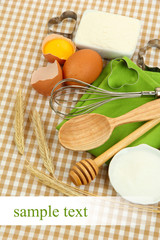 Cooking concept. Basic baking ingredients and kitchen tools