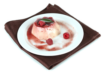 Panna Cotta with raspberry sauce, isolated on white
