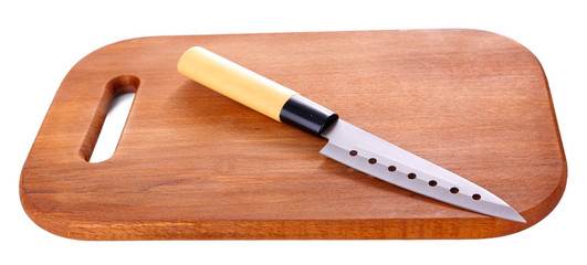 Kitchen knife  and wooden cutting board ,isolated on white