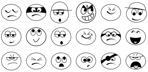 Various simple black and white emoticons - illustrations