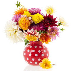 Bouquet Dahlias dans vase rouge