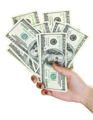 Female hand with dollars close up isolated on white