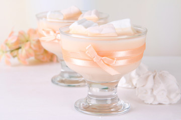 Tasty yogurt with marshmallows, close up