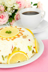 Delicious jelly cake on table close-up