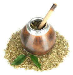 Calabash and bombilla with yerba mate isolated on white