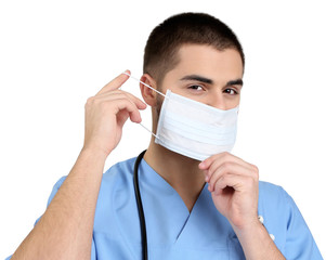 Young male doctor in medical mask, isolated on white