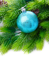 Christmas balls on fir tree, isolated on white